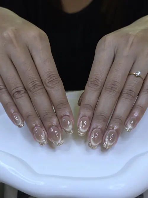 Nude, Gold & White french, glitter, hand-painted nails — nail design A487 at Nanny Nails, nail salon in Nakhon Phanom Thailand