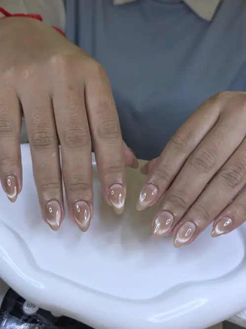 Nude & White hand-painted nails — nail design A490 at Nanny Nails, nail salon in Nakhon Phanom Thailand
