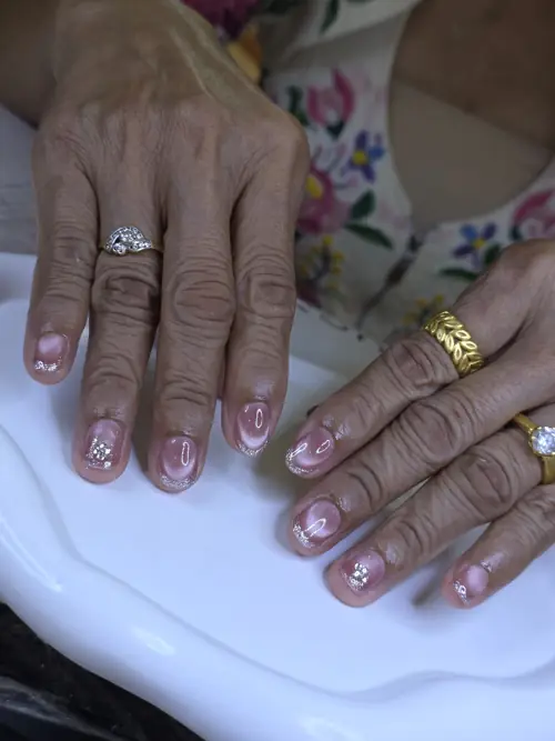 Nude & Pink hand-painted, glitter nails — nail design A492 at Nanny Nails, nail salon in Nakhon Phanom Thailand