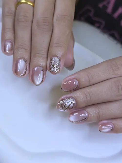 Nude & Gold hand-painted nails photo 2, code A494, Nanny Nails Nakhon Phanom