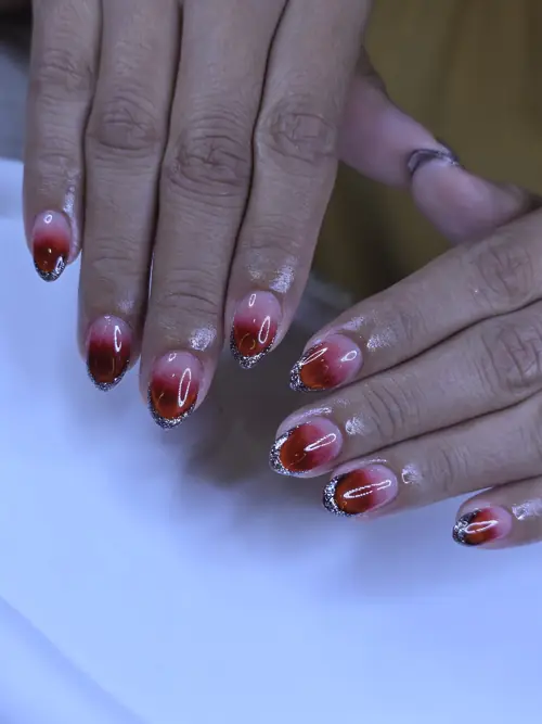 Red, Nude & Silver ombré, glitter, hand-painted nails — nail design A498 at Nanny Nails, nail salon in Nakhon Phanom Thailand