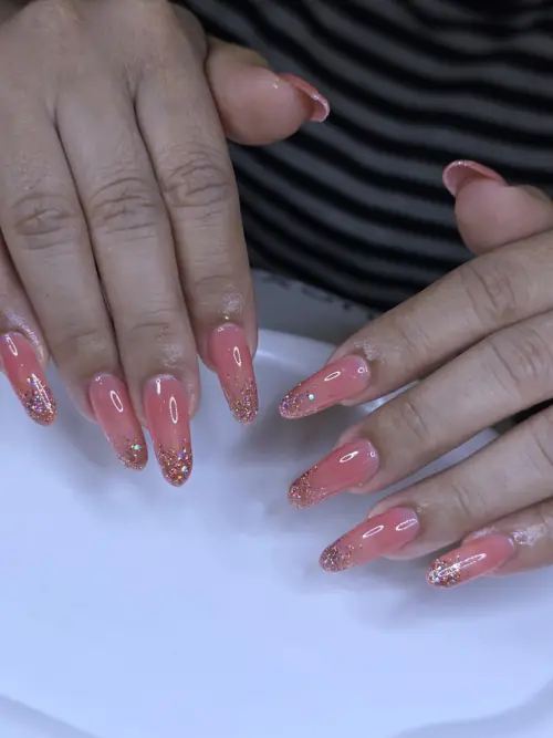 Peach & Gold ombré, glitter nails — nail design A504 at Nanny Nails, nail salon in Nakhon Phanom Thailand
