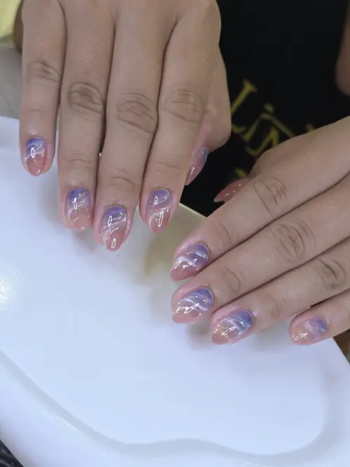 Purple, Nude & Light blue ombré, hand-painted nails — nail design A510 at Nanny Nails, nail salon in Nakhon Phanom Thailand