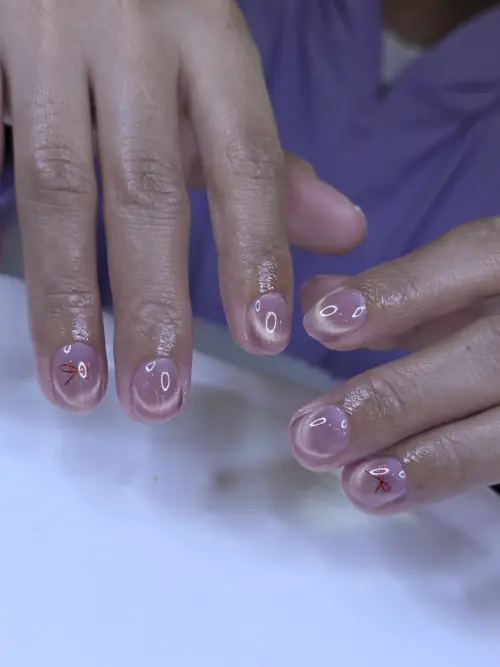 Nude, White & Red hand-painted nails — nail design A514 at Nanny Nails, nail salon in Nakhon Phanom Thailand