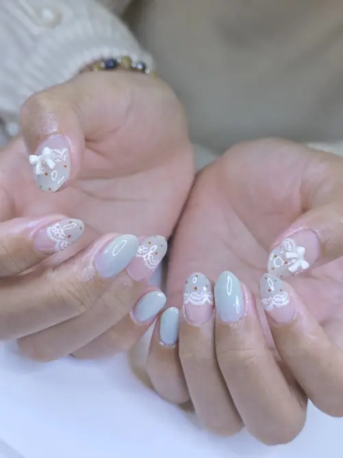 Nude, White & Grey hand-painted, 3d sculpted nails — nail design A522 at Nanny Nails, nail salon in Nakhon Phanom Thailand