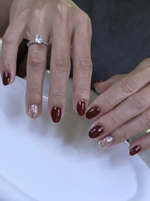 Brown & Gold solid colour, glitter nails — nail design A529 at Nanny Nails, nail salon in Nakhon Phanom Thailand