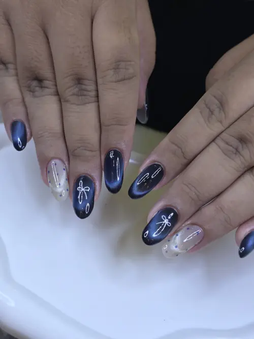 Navy & Nude cat eye, hand-painted, rhinestones nails — nail design A537 at Nanny Nails, nail salon in Nakhon Phanom Thailand