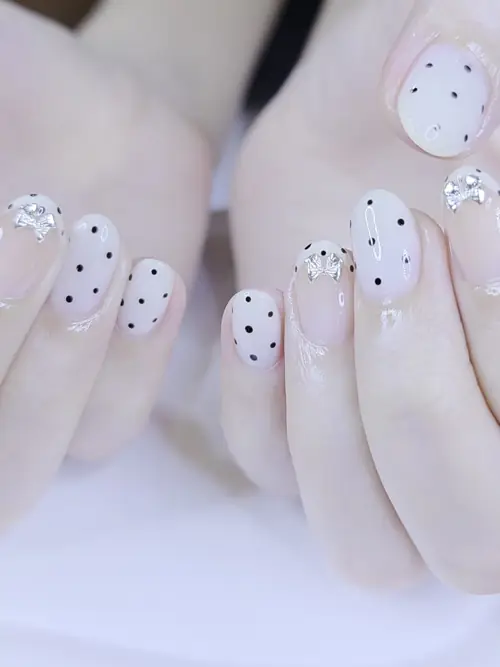 Nude, Black & Silver hand-painted, 3d sculpted nails — nail design A545 at Nanny Nails, nail salon in Nakhon Phanom Thailand