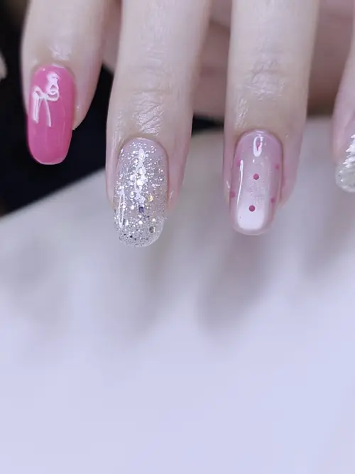Magenta, Pink & Silver solid colour, glitter, hand-painted nails — nail design A546 at Nanny Nails, nail salon in Nakhon Phanom Thailand