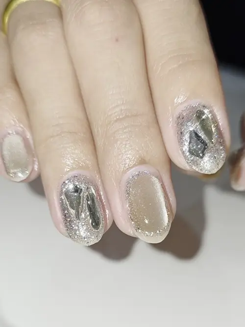 Nude & Silver glitter, hand-painted nails — nail design A548 at Nanny Nails, nail salon in Nakhon Phanom Thailand