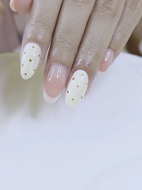 Nude, White & Gold french, hand-painted nails — nail design A550 at Nanny Nails, nail salon in Nakhon Phanom Thailand