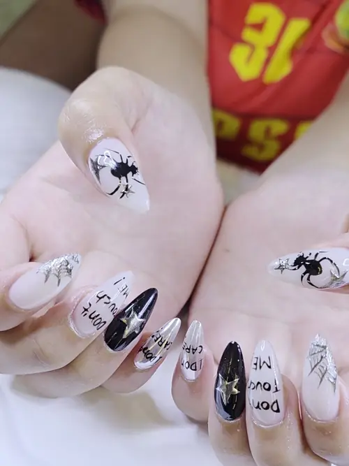 Nude, Black & Silver hand-painted nails — nail design A556 at Nanny Nails, nail salon in Nakhon Phanom Thailand