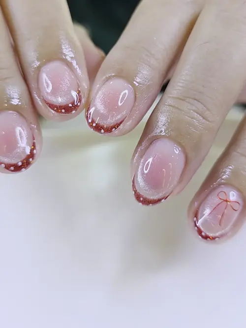 Nude & Red french, glitter, hand-painted nails — nail design A558 at Nanny Nails, nail salon in Nakhon Phanom Thailand