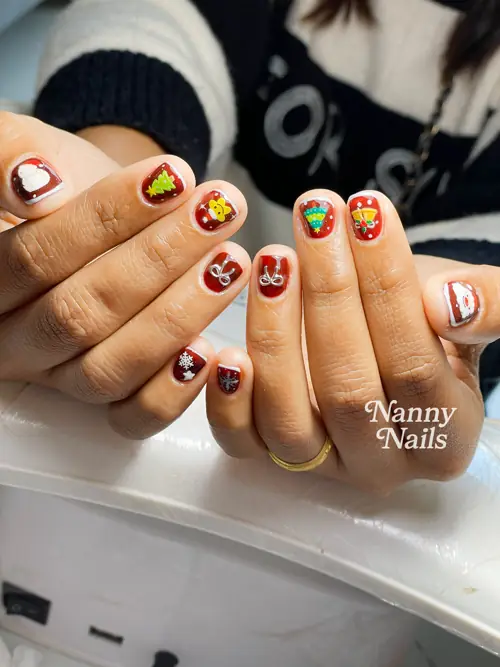 Red, Green & Yellow hand-painted nails — nail design A86 at Nanny Nails, nail salon in Nakhon Phanom Thailand