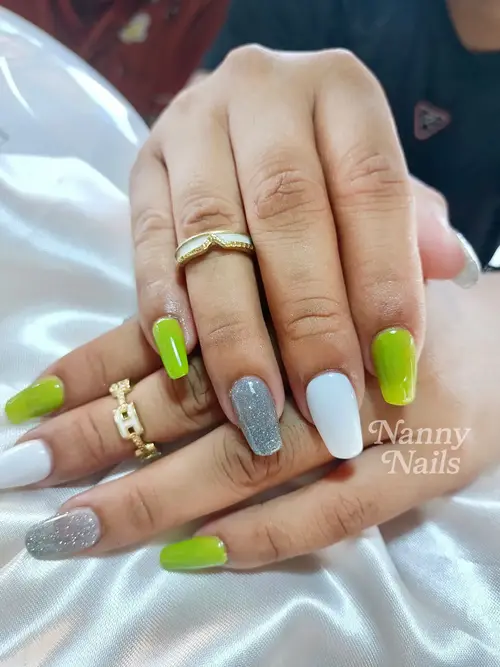Green, White & Grey solid colour, glitter nails photo 2, code A9, Nanny Nails Nakhon Phanom
