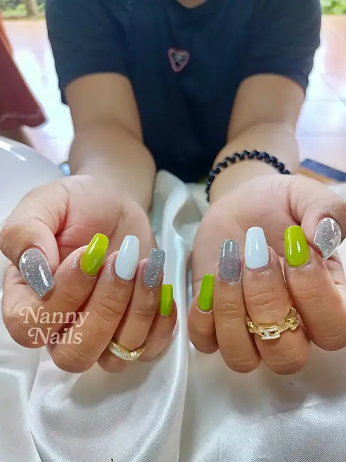 Green, White & Grey solid colour, glitter nails photo 3, code A9, Nanny Nails Nakhon Phanom