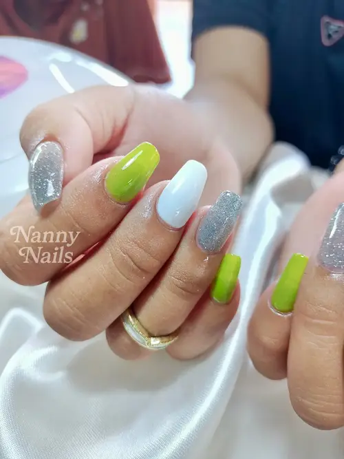 Green, White & Grey solid colour, glitter nails photo 4, code A9, Nanny Nails Nakhon Phanom