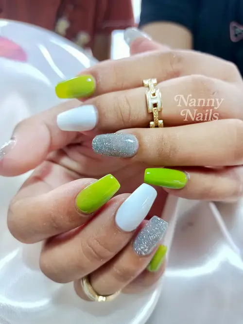 Green, White & Grey solid colour, glitter nails photo 5, code A9, Nanny Nails Nakhon Phanom